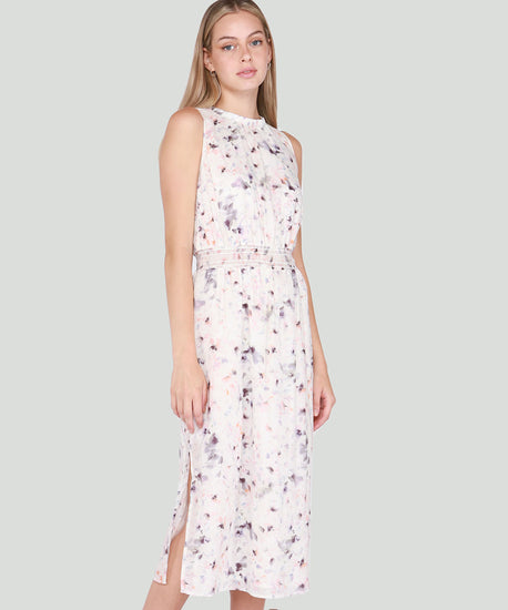 Smocked Waist Midi Dress - Soft Lavender Floral
