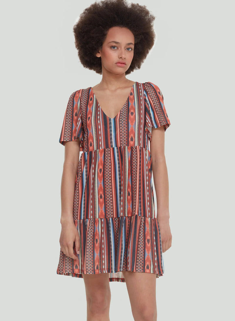 V-Neck Tiered Midi Dress - Southwest Stripes