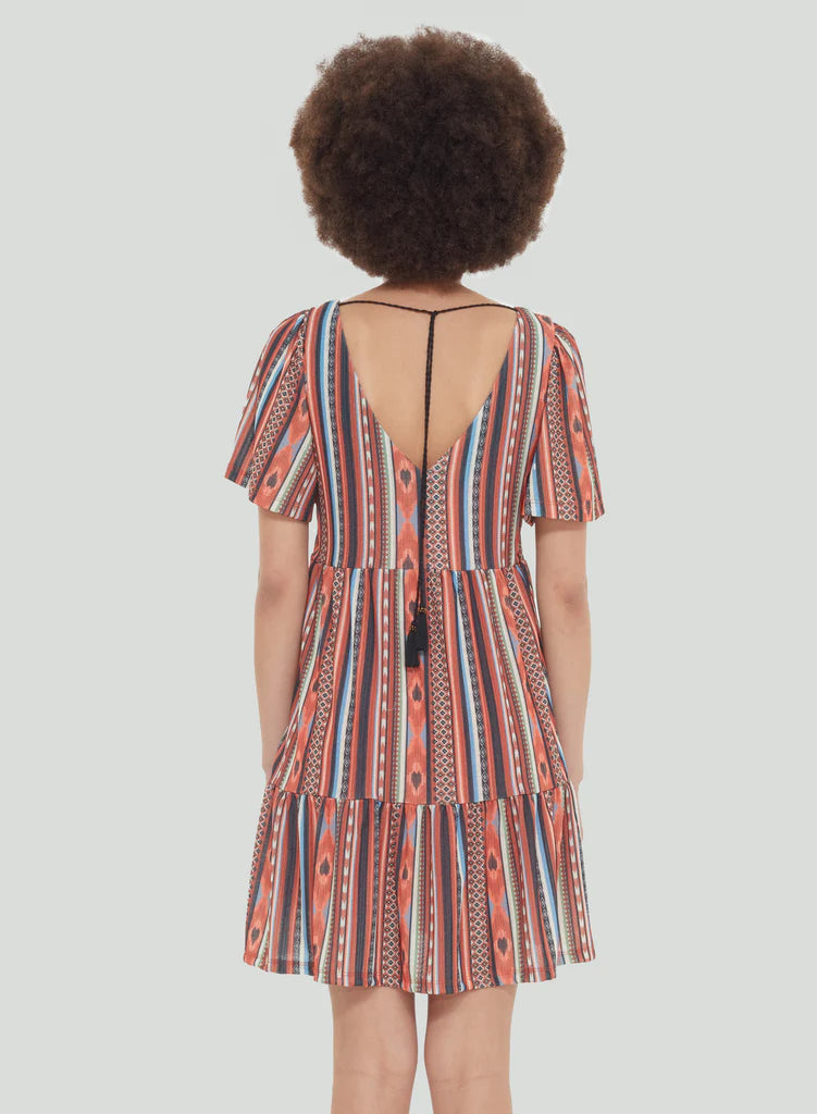 V-Neck Tiered Midi Dress - Southwest Stripes